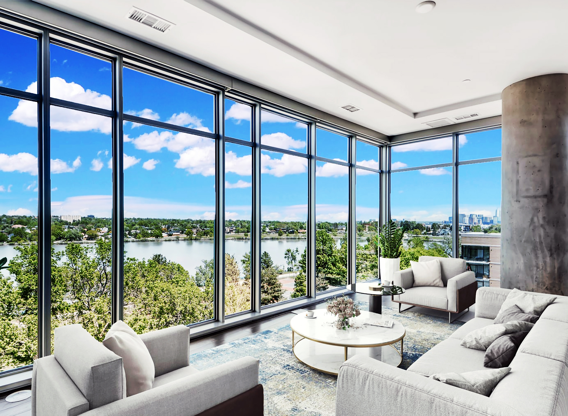 A look out of the floor-to-ceiling windows at the Lakehouse property in Denver.