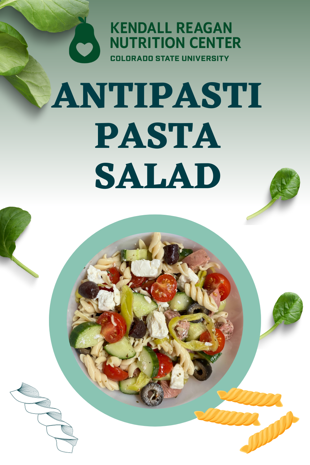 A picture of Antipasti Pasta Salad accompanied by the Kendall Reagan Nutrition Center logo. 