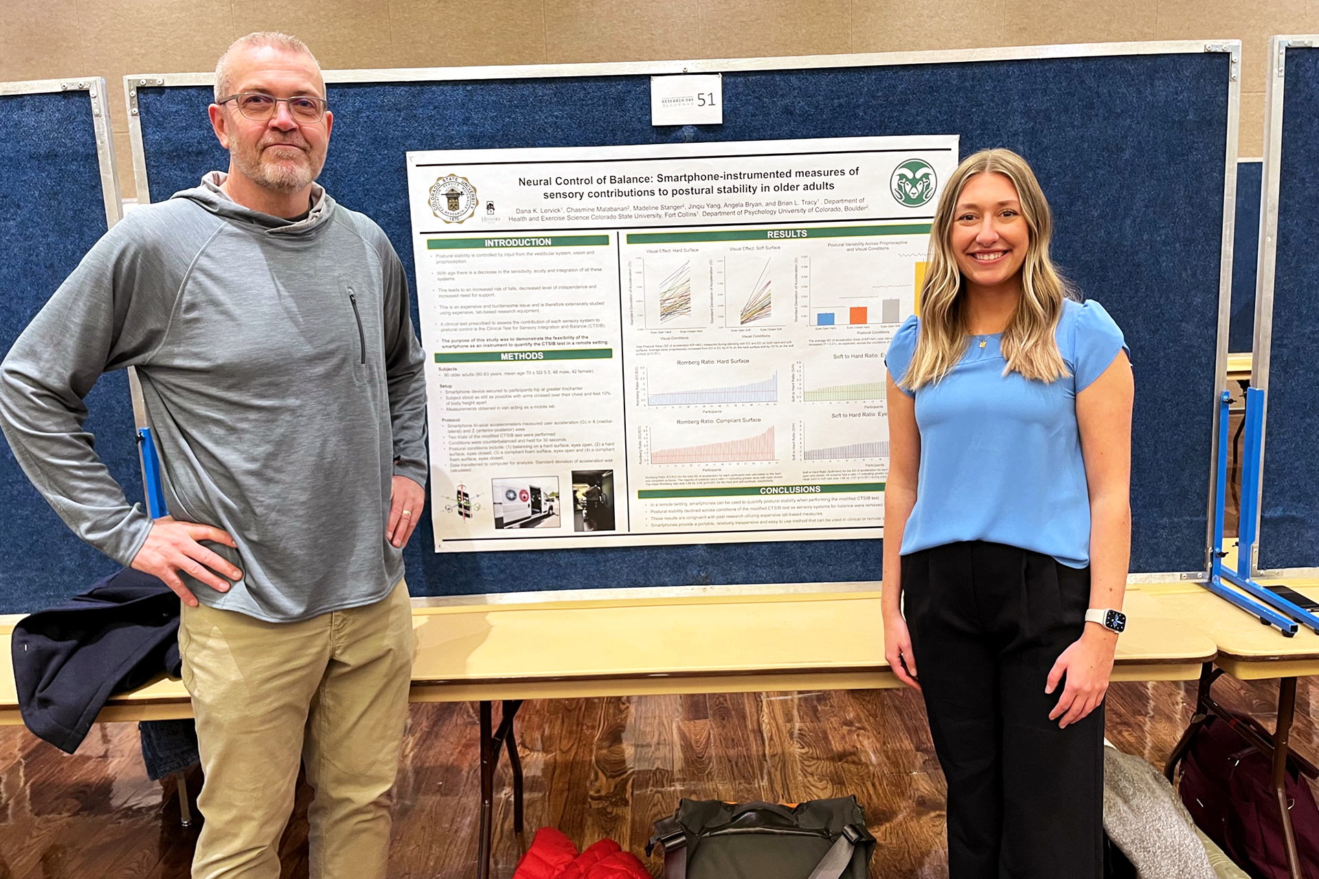 CSU faculty member Brian Tracy and graduate Dana Lervick pose in front of Lervick's research poster.
