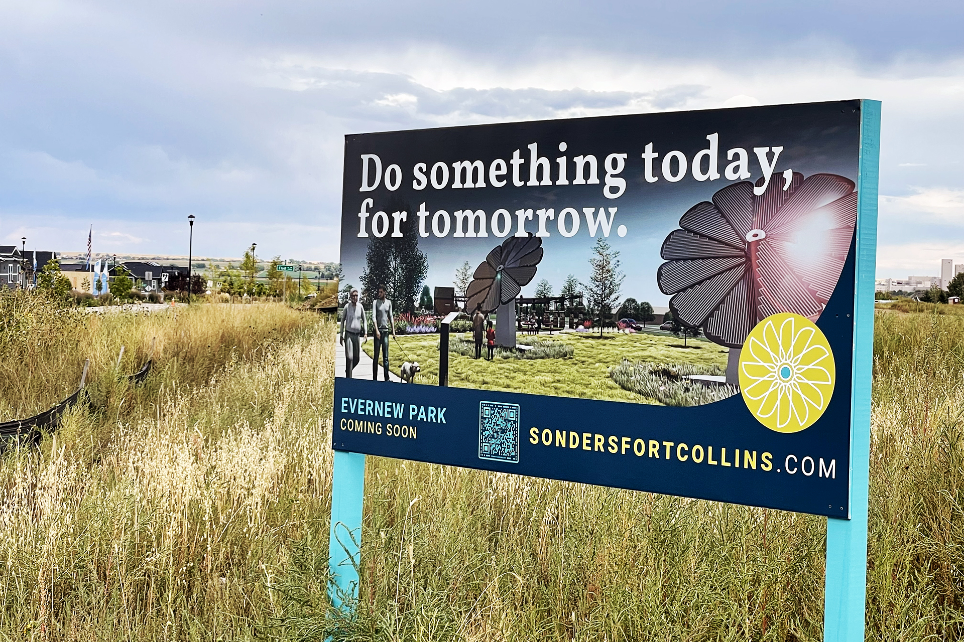 Sign showing what a park will look like in the future at Sonders Fort Collins, a new community.