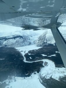 View of snowy Alaska landscape from a plane.