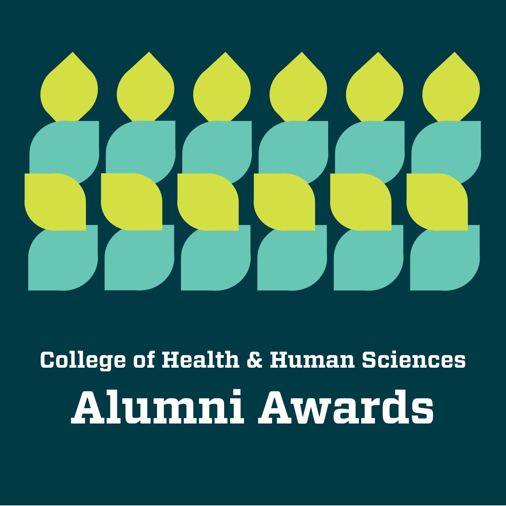 A graphic element, primarily slate, teal and bright green, with the text "College of Health and Human Sciences Alumni Awards"
