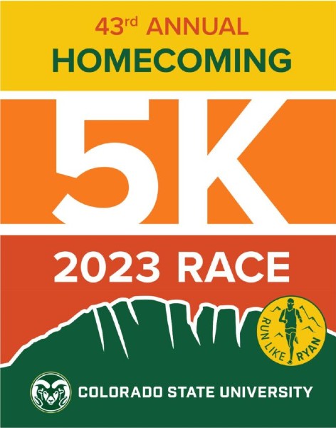 A graphic element with the text "43rd annual Homecoming 5K 2023 race" and a small badge which says "Run like Ryan"