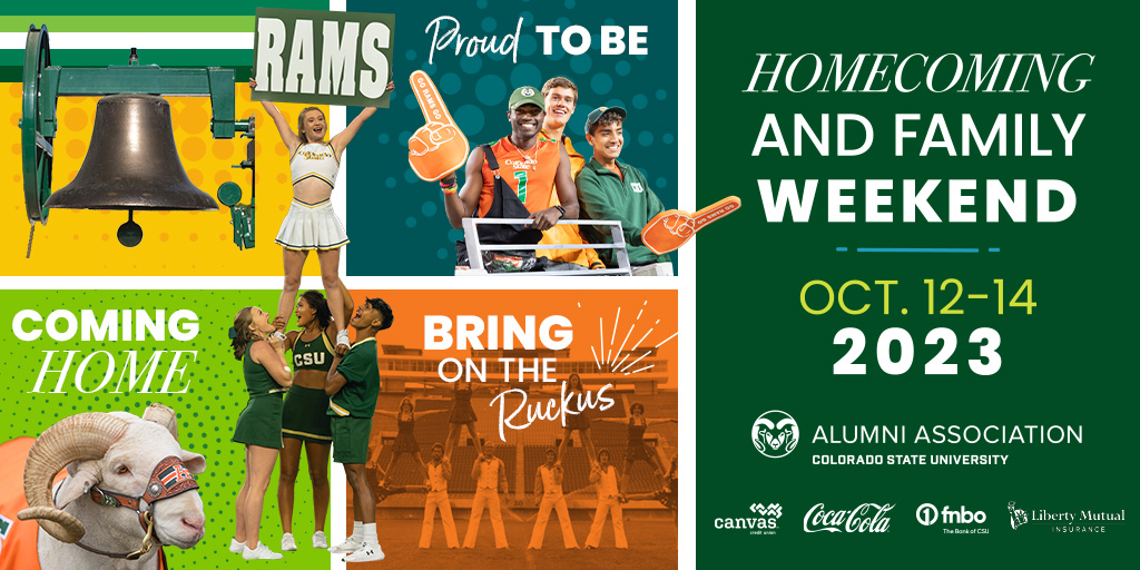 A graphic element containing multiple images of C S U spirit with the text "Homecoming and Family weekend, October 12-14, 2023"