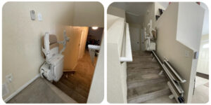 Side-by-side photos of the 2 chairlifts installed for Iker; one to the basement and one to the 2nd level of the home