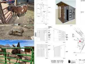 3 photos of rescued animals at Wiley Acres, plus a schematic rendering of the proposed new restroom facility