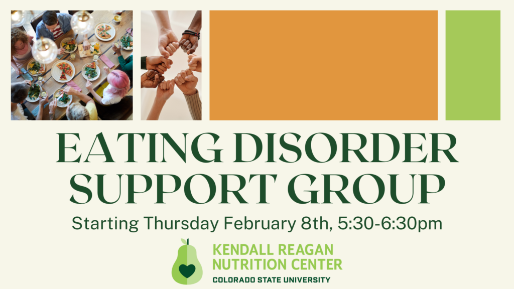 A Kendall Reagan Nutrition Center graphic with text that reads "eating disorder support group starting Thursday, February 8th, 5:30 to 6:30 p.m."