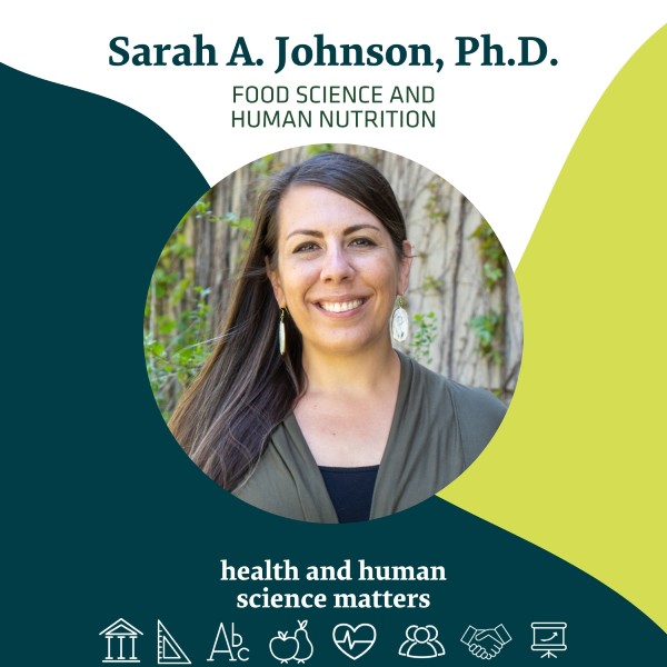 Graphic with a photo of Sarah Johnson that reads "Sarah A. Johnson, Ph.D., Food Science and Human Nutrition, health and human science matters."