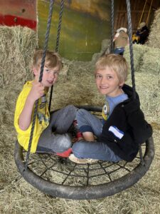Two young boys sit on a swing inside a barn.