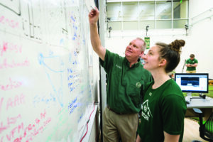 A male faculty member and female student standing at a whiteboard covered in mathematical equations in a lab.